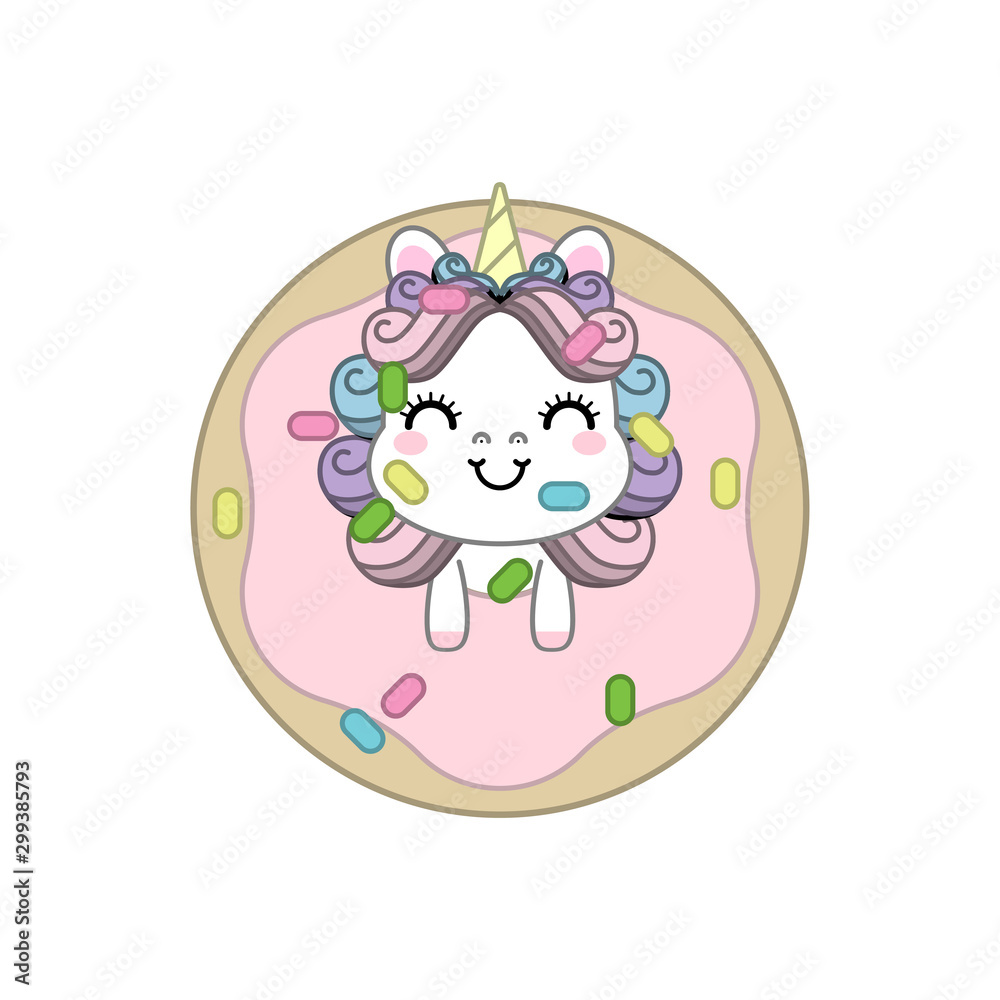 Unicorn cartoon in sweet donut, baby animal, Kawaii Character pony cartoon, nursery decoration, perfect for kid's greeting card design and Print for t-shirt. Vector illustration. Unicorn cartoon in sweet donut, baby animal, Kawaii Character pony cartoon, nursery decoration, perfect for kid's greeting card design and Print for t-shirt. Vector illustration.