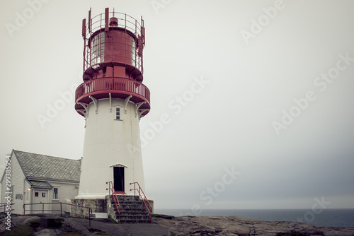 Norway, lighthouse. South lighthouse in Norway. Foggy travel season