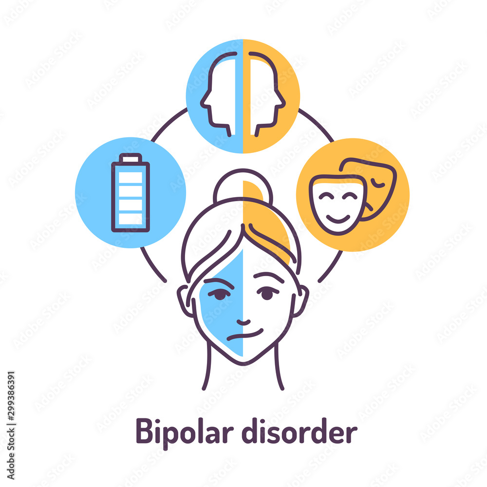 Fototapeta premium Bipolar disorder color line icon on blue and yellow background. Insane person.