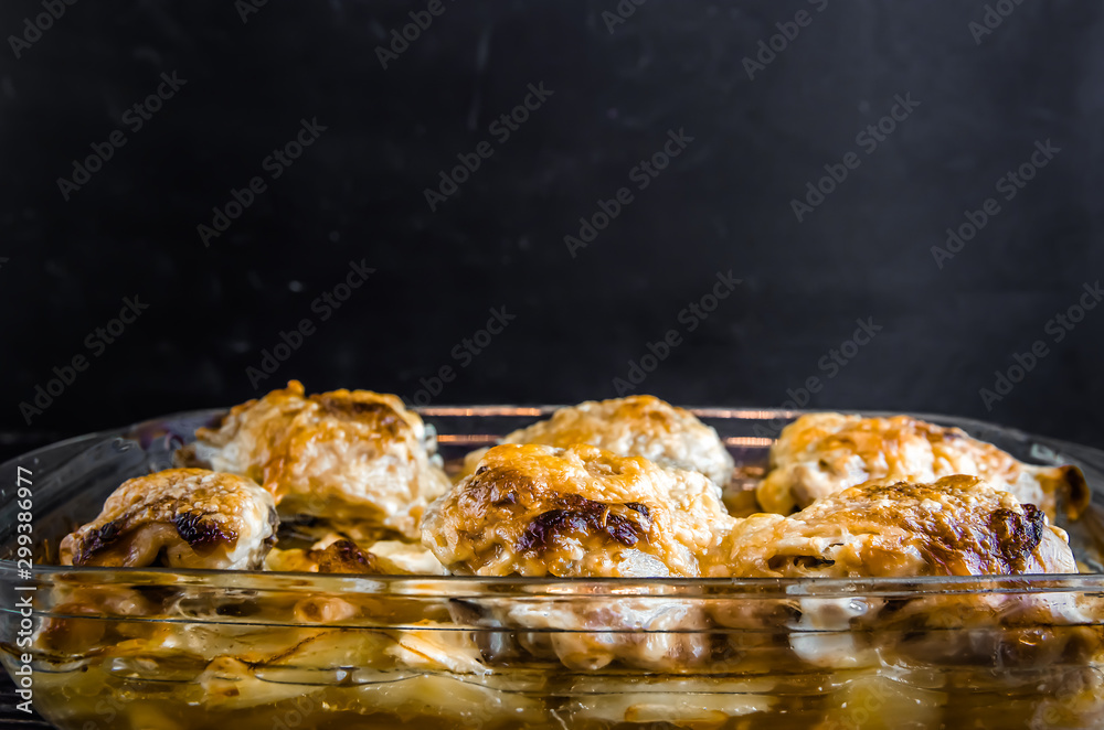 baked chicken with potatoes. fatty food. Cholesterol baked chicken with potatoes. fatty food. Cholesterol