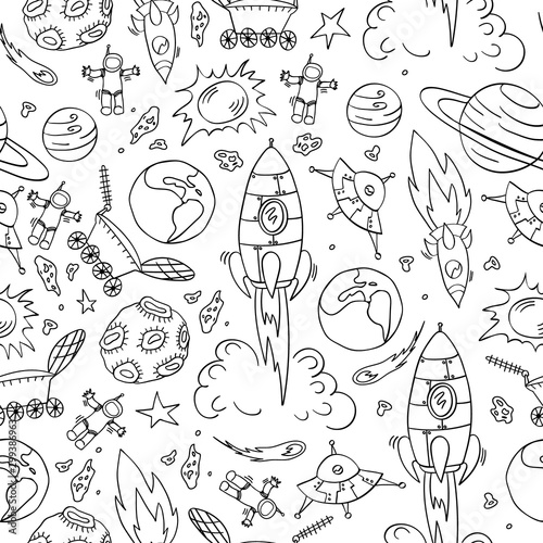 Seamless pattern with hand drawn space elements. Black doodles on white background. Cute children print. Vector illustration.