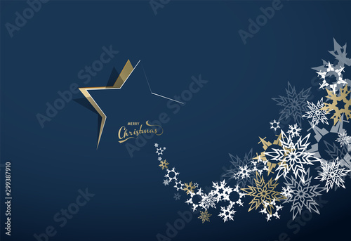 Abstract background with Christmas star and Merry Christmas text with many snowflakes - gold version