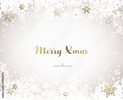 Merry Christmas vector illustration with many snowflakes on light background.