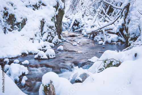 Flowing river between rocks and fallen trees in winter