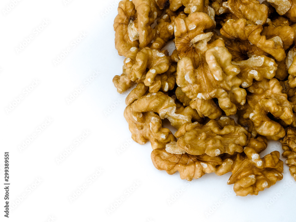 Walnuts kernel on white background, Top view.