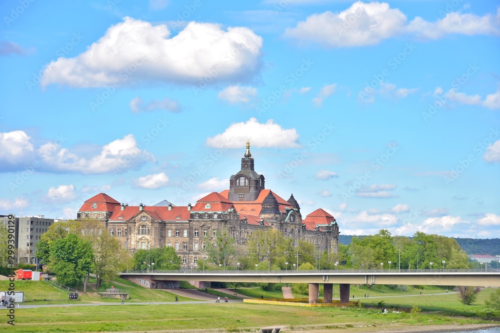 Dresden, Germany - May 2019. Old Town architecture with Elbe river embankment in Dresden. The historic old town of Dresden Saxonia. View on famous tourist attraction in the center of Dresden, Germany.