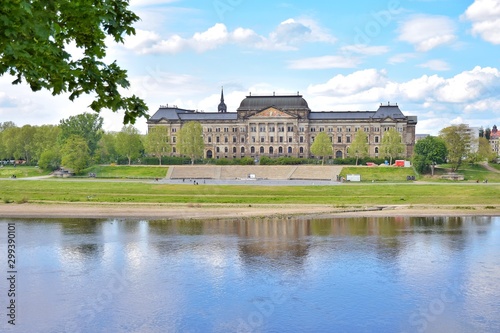 Dresden, Germany - May 2019. Old Town architecture with Elbe river embankment in Dresden. The historic old town of Dresden Saxonia. View on famous tourist attraction in the center of Dresden, Germany.