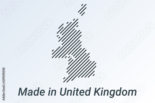 Made in United Kingdom, striped map in a black strip on a silver background