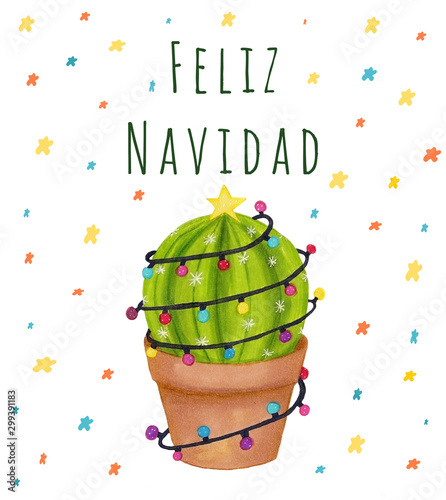 Merry Christmas banner. Happy cactus in a Christmas garland. Cute Feliz Navidad greeting card, print, label, poster, sign. Hand drawn mexico design. photo