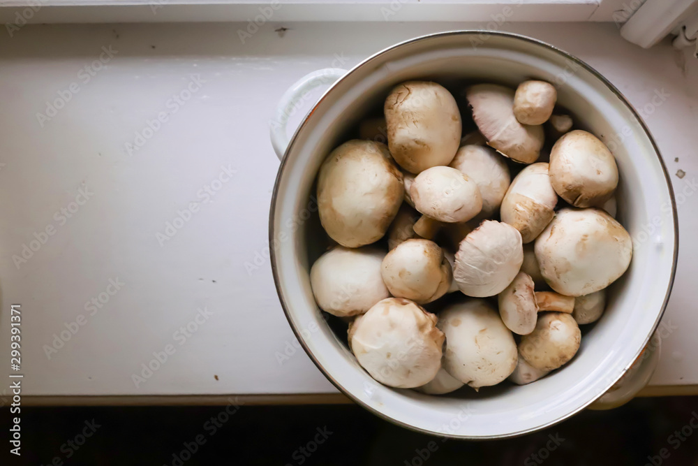 champignon mushrooms in an iron pan on a white windowsill. village concept champignon mushrooms in an iron pan on a white windowsill. village concept