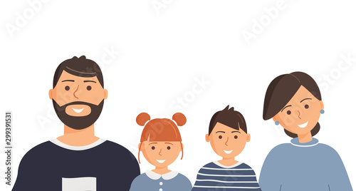 Happy cute family portrait of parents and kids: father, mother, son and daughter isolated on the white background. Family of four members. Modern flat cartoon colorful vector illustration