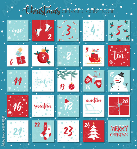 Vector Christmas advent calendar. Winter holidays poster with dates. Cute decoration xmas day celebration.	