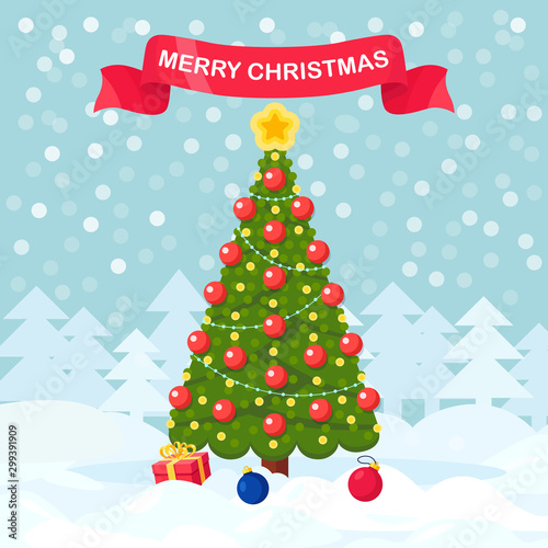 Decorated christmas tree with lights, star, decoration balls, gift boxes, lamps isolated on background. Merry xmas, happy new year concept. Vector cartoon design