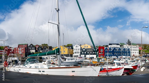 Fishing boats in Torshavn harbour on Faroe islands.