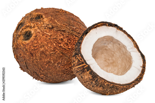 Coconut fruit and its cross-section 3d rendering with realistic texture