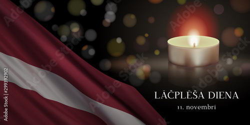 Lāčplēsis Day vector banner design template with flag of Latvia, candle, and text on dark background. Translation: Lāčplēsis Day. November 11.