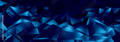 3d ILLUSTRATION, of blue abstract crystal background, triangular texture, wide panoramic for wallpaper.