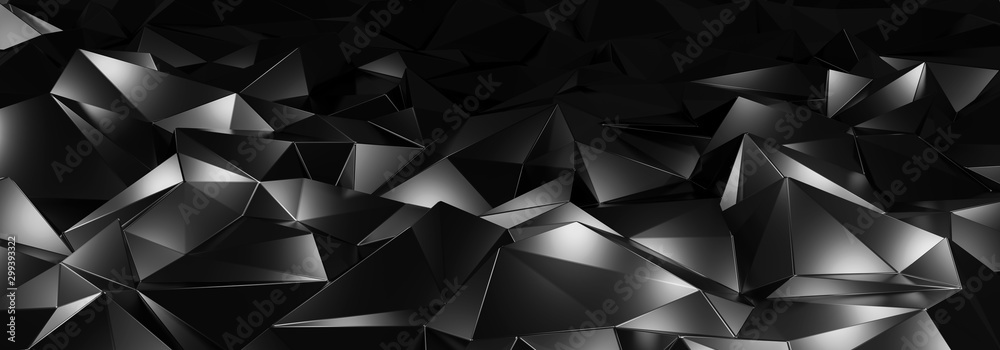 3d ILLUSTRATION, of black abstract crystal background, triangular texture, wide panoramic for wallpaper - obrazy, fototapety, plakaty 