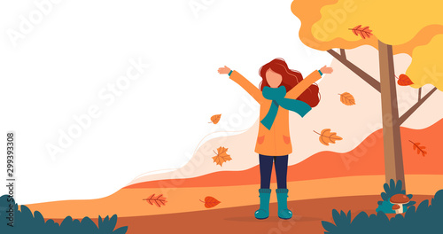 Woman playing with leaves in autumn. Vector illustration in flat style