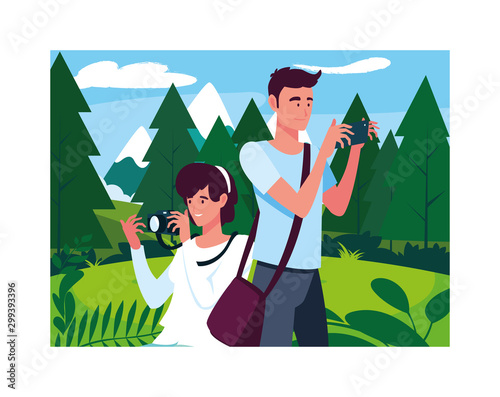 Woman and man taking picture vector design