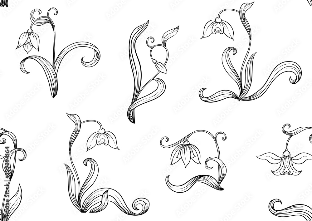 Galanthus, snowdrop. Seamless pattern, background. Outline hand drawing vector illustration In art nouveau style, vintage old retro style.