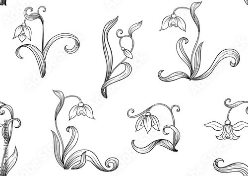 Galanthus, snowdrop. Seamless pattern, background. Outline hand drawing vector illustration In art nouveau style, vintage old retro style.