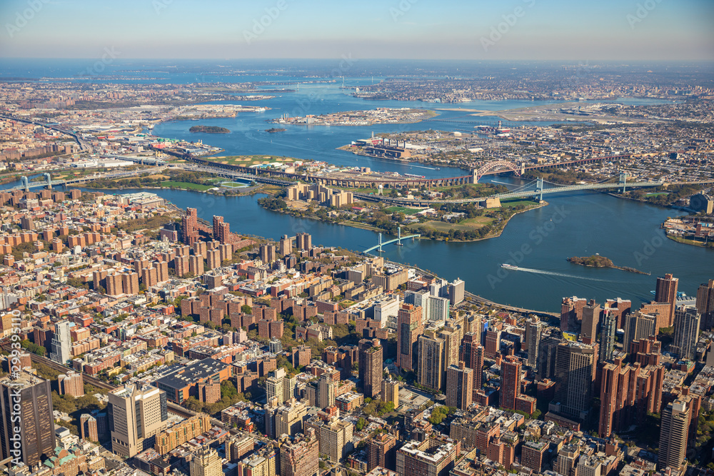 Fototapeta premium Aerial view to New York City Skyline from helicopter.