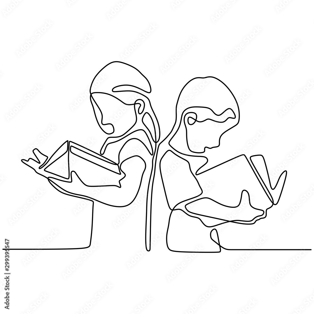 continuous line drawing of children sitting reading books for study