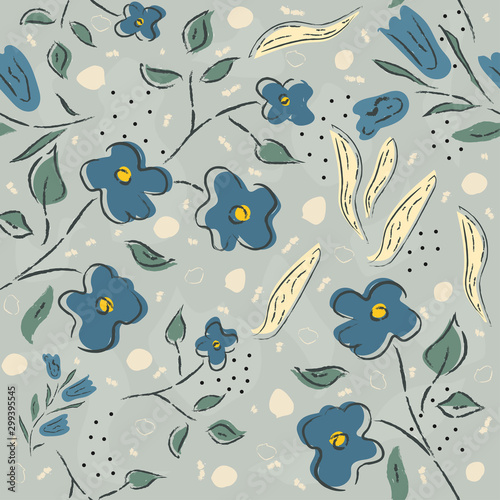 Seamless floral pattern of hand drawn flowers. Summer/Spring Collection.