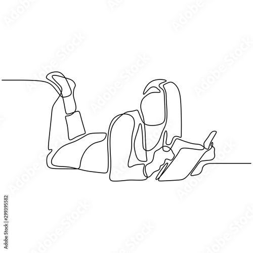 one continuous drawn line young girl reading a book hand-drawn picture silhouette vector design 270919g