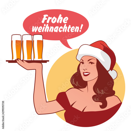 Beautiful girl wearing a Santa Claus hat, holding a tray with beers, saying "Merry Christmas" in German language. Retro style