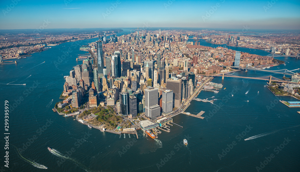 Aerial view to New York City Skyline from helicopter. - obrazy, fototapety, plakaty 