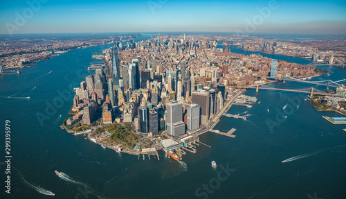 Aerial view to New York City Skyline from helicopter.