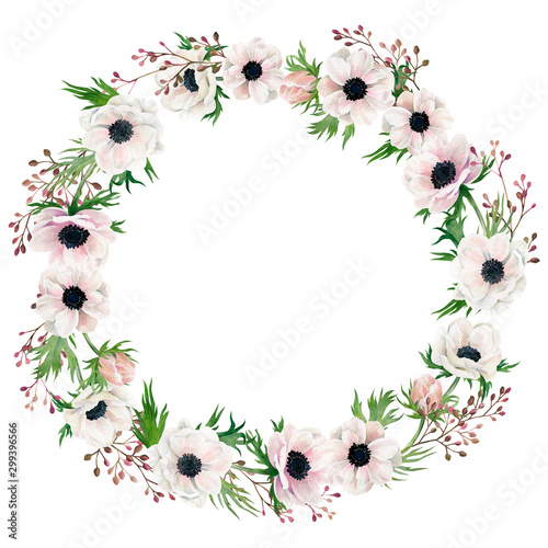 Hand drawn watercolor wreath. Anemones and leaves. Design element.