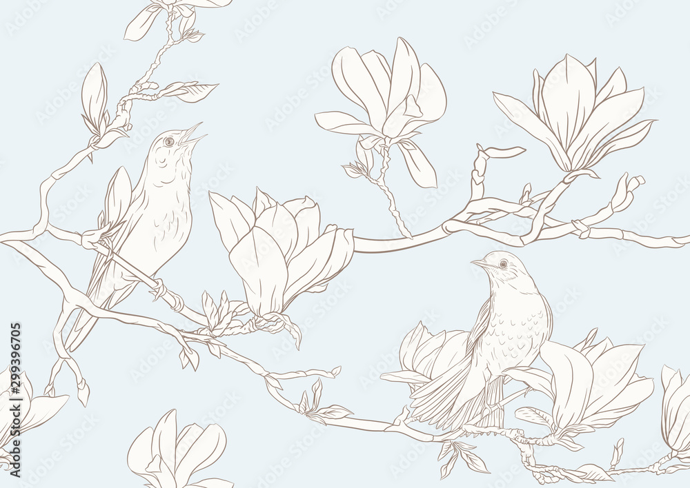 Magnolia tree branch with flowers and nightingale Seamless pattern ...