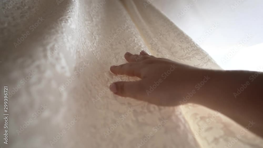 Crop woman touching lace wedding dress Crop woman touching lace wedding dress