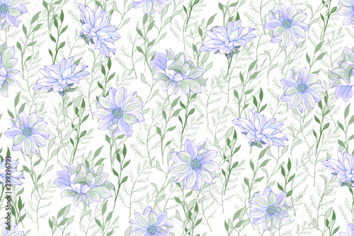 Floral seamless pattern with light blue flowers and green branches on a white background. For textile, wallpaper, print, greetings. Vector illustration.