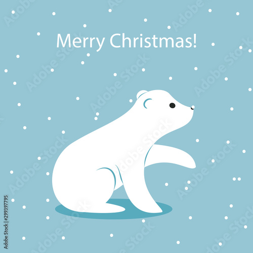 white bear with a snowflake on his nose. Christmas greeting card. vector