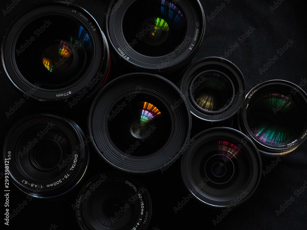 camera lenses on black 