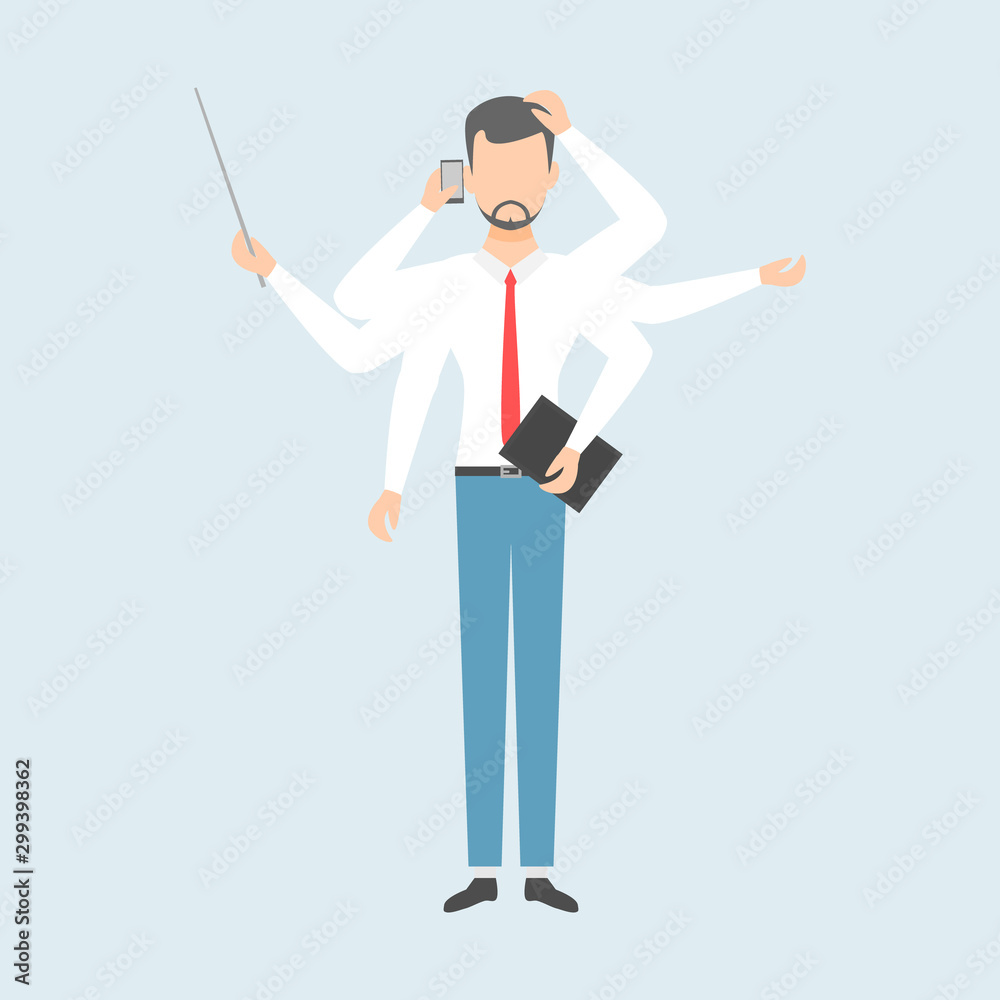 Businessman with many hands isolated on the white background