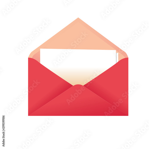 Modern vector illustration of pink envelope with blank card. Postal envelope