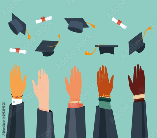 Modern vector illustration of throwing graduation hats in the air. Finish off educational institution. International students
