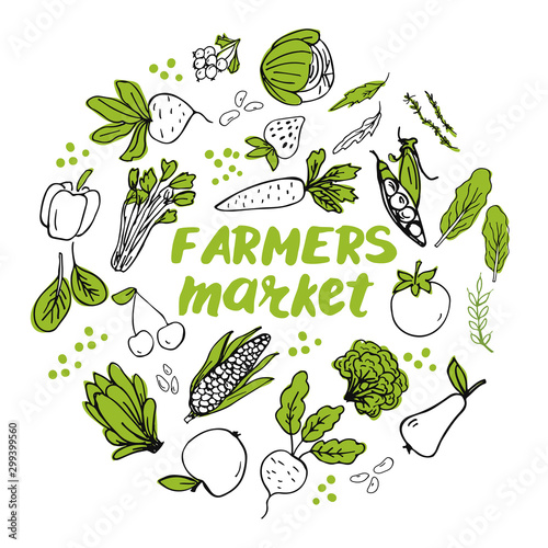 Template with hand drawn vegetables arranged into circle