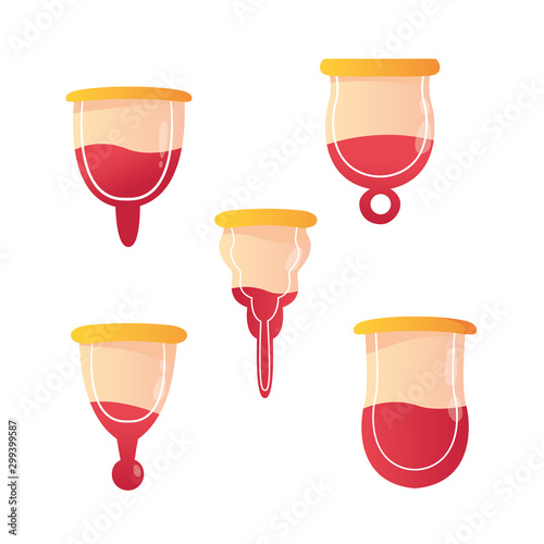 Vector set of of menstrual cup. Concept of feminine hygiene, medicine, menstruation. Female sanitary cups. Woman secure.
