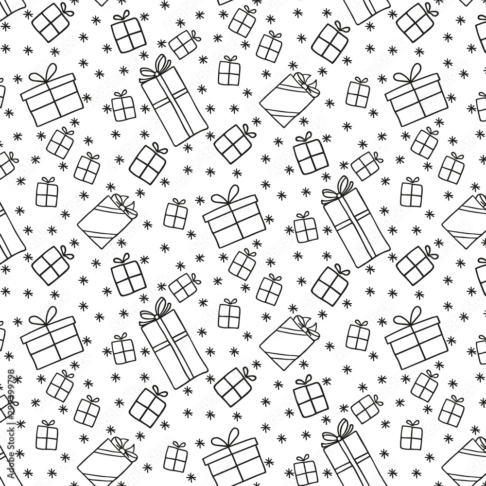 Christmas, New Year seamless pattern with linear Xmas gift boxes on white background in doodle style. Hand drawn texture for greeting cards, fabric or wrapping paper designs. Vector illustration Christmas, New Year seamless pattern with linear Xmas gift boxes on white background in doodle style. Hand drawn texture for greeting cards, fabric or wrapping paper designs. Vector illustration