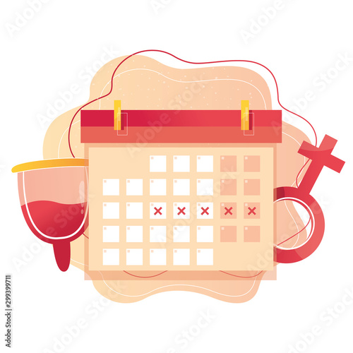 Modern vector illustration of menstrual calendar. Concept of woman hygiene. Menstrual cycle and birth control. With symbols of femininy intimate comfort.