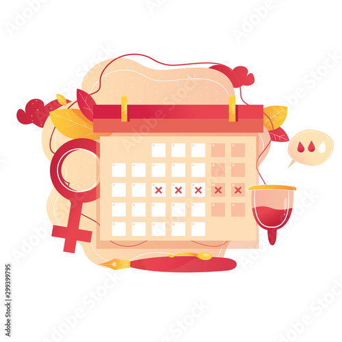 Modern vector illustration of menstrual calendar. Concept of woman hygiene. Menstrual cycle and birth control. With symbols of femininy intimate comfort.