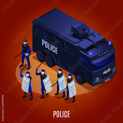 Riot cops illustration isometric icons on isolated background