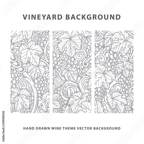 Vineyard. Vineyard engraving style drawing background and pattern. Grape, vine and leafs hand drawn vector illustration. Part of set.