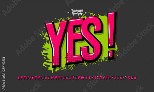 Bright slanted alphabet. Condensed display font pop art design, alphabet, letters and numbers.